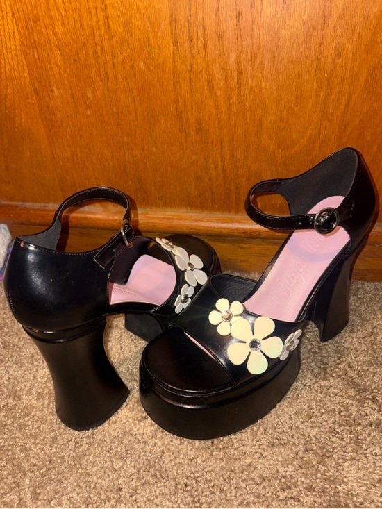 Dolls Kill Shoes - Dolls Kill Black Platform Sandals with White Floral Accents